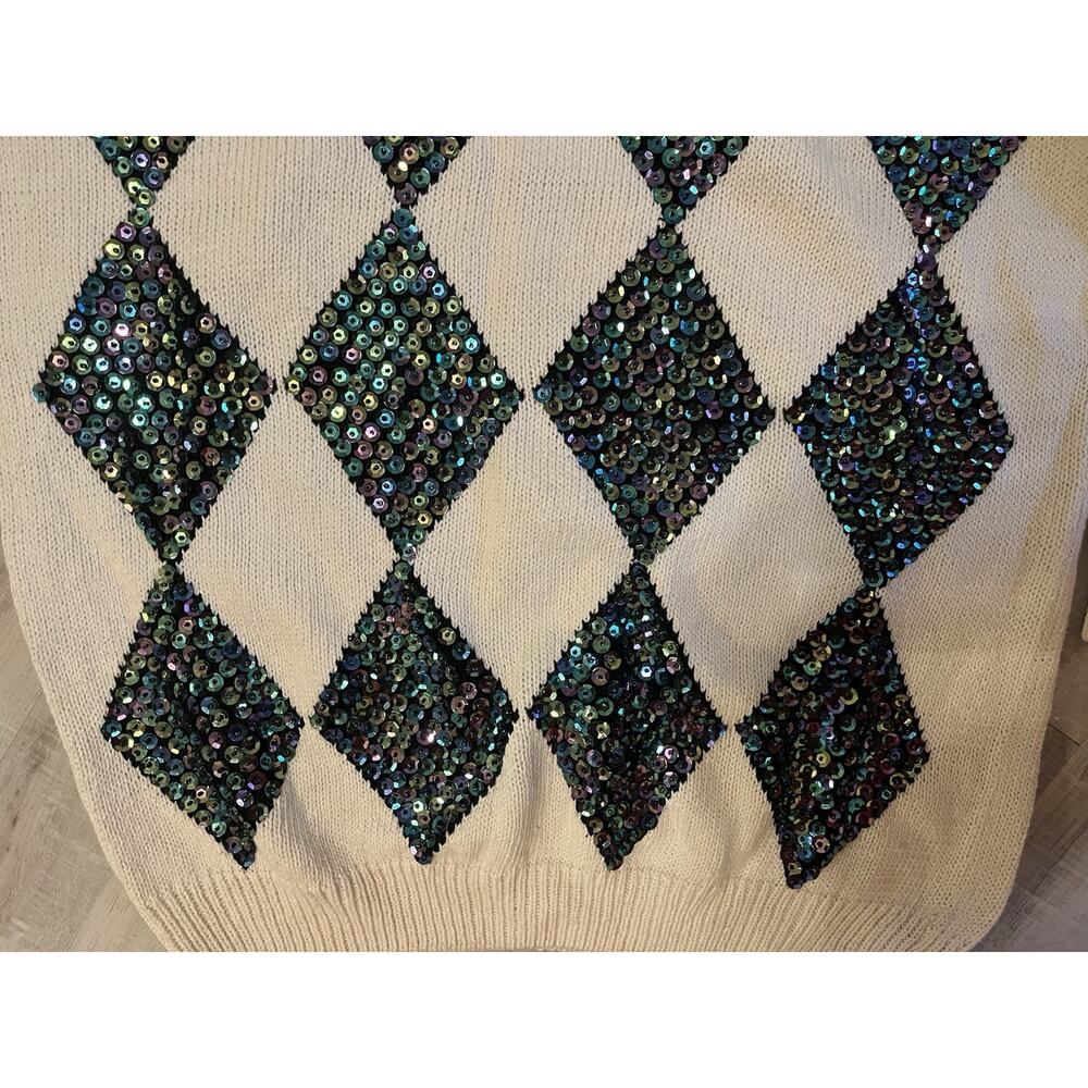Vtg Sweater 80s Holiday Ashleigh Morgan Sequins Argyle Diamond Quiet Lux NWT L - Picture 3 of 9